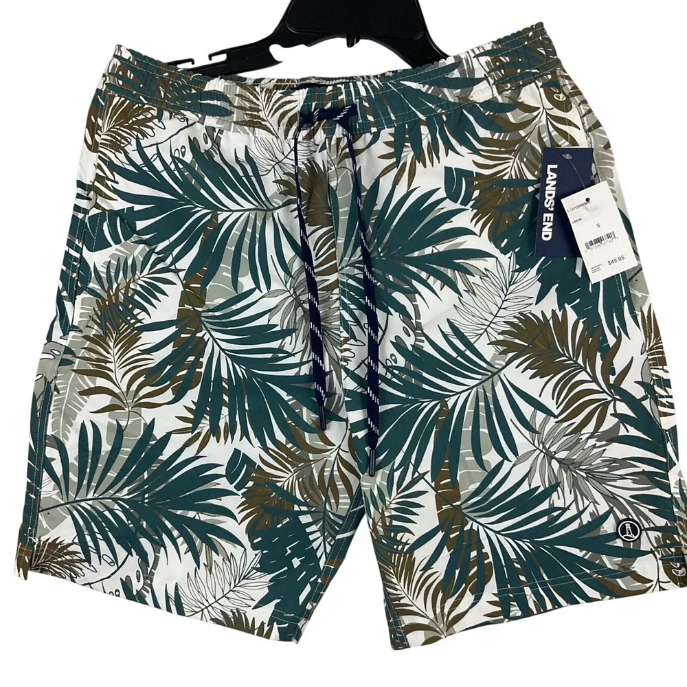 Lands End Mens Green Tropical Palm Leaf Swim Trunks UPF 50 Hydro Liner Small NEW